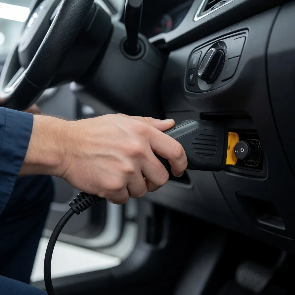 Escáner de diagnóstico OBD2 conectado al puerto del vehículo