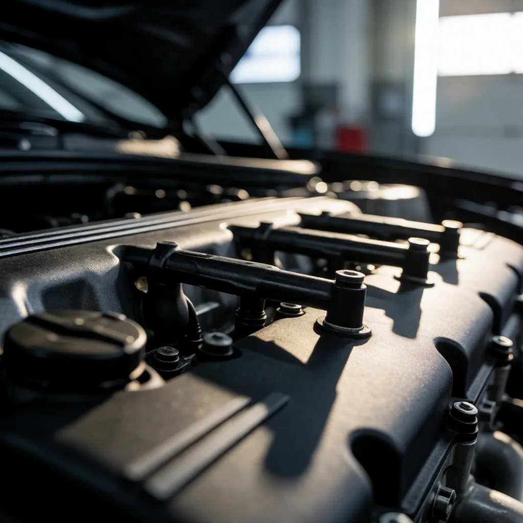 Detalle de motor en taller de inspección