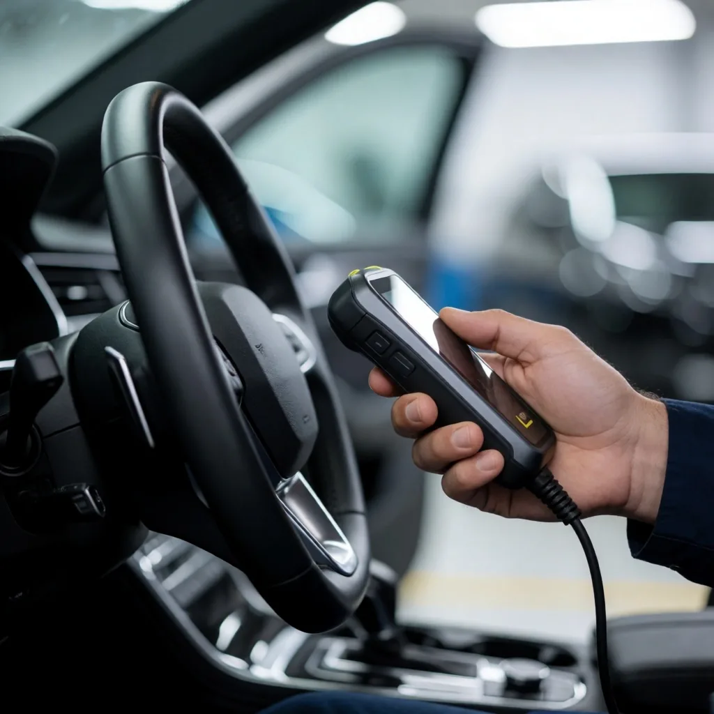 Escáner de diagnóstico OBD2 conectado al puerto del auto