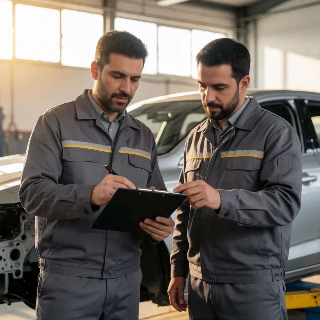 Técnicos revisando informe de inspección